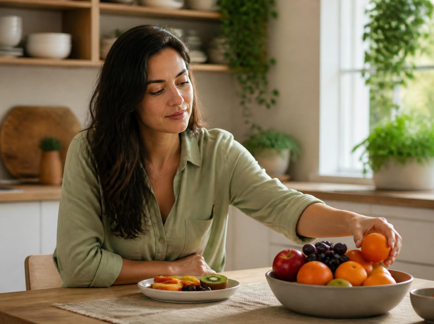 Mulher em uma cozinha tranquila, escolhendo uma fruta fresca